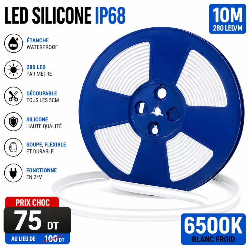 Bobine LED Silicone étanche 10m ultra lumineux 6500K blanc Froid IP68 | Top Déco Tunisie