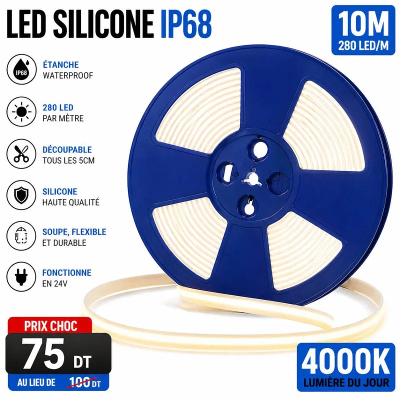 Bobine LED Silicone Étanche IP68 – 10M 280 LED/m – 4000K lumière du jour | Top Déco Tunisie