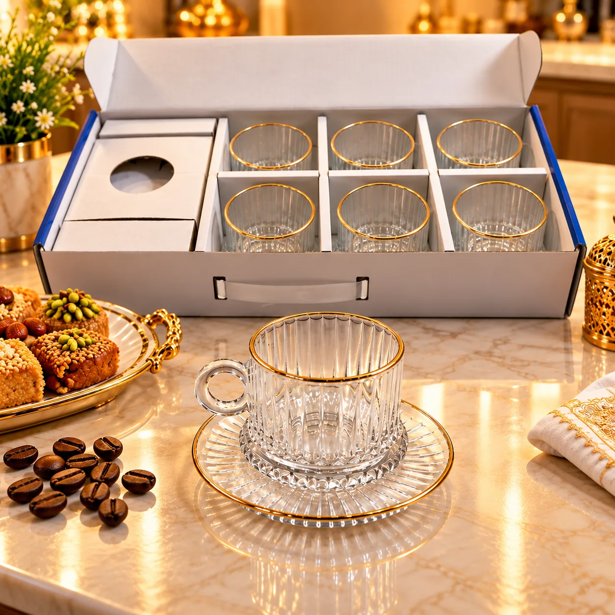 Service à Café en Verre Transparent Strié avec Bordure Dorée – 6 Tasses et Sous-Tasses