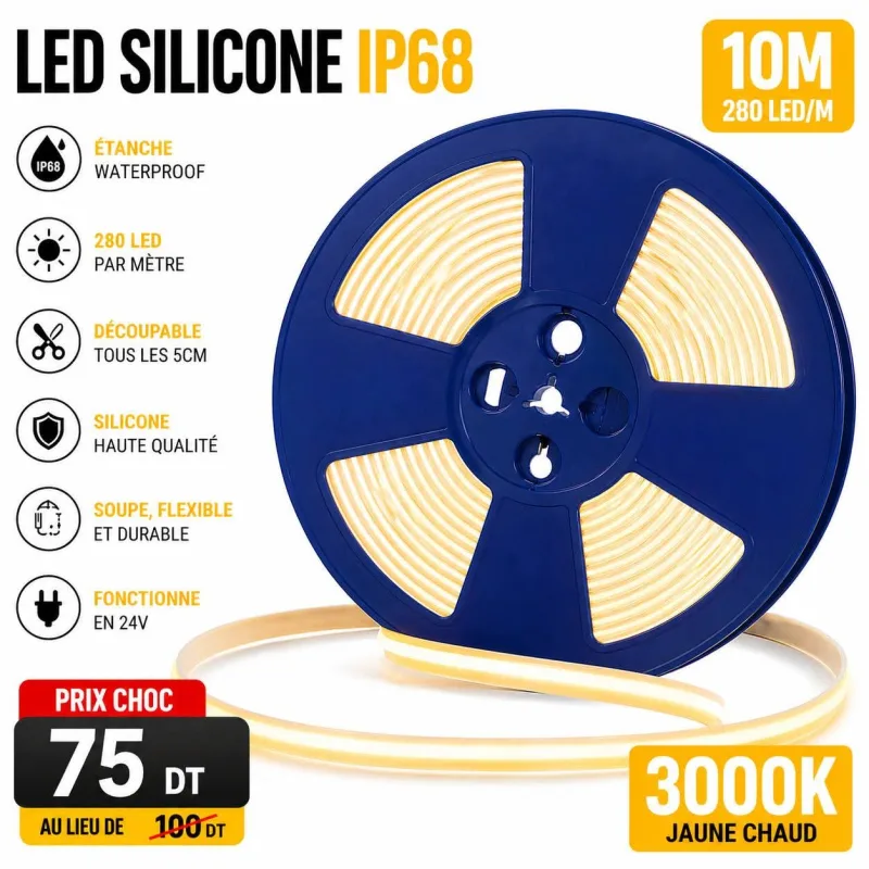 Bobine LED Silicone Étanche IP68 – 10M 280 LED/m – Jaune Chaud 3000K | Top Déco Tunisie
