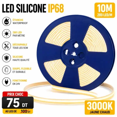Bobine LED Silicone Étanche IP68 – 10M 280 LED/m – Jaune Chaud 3000K | Top Déco Tunisie