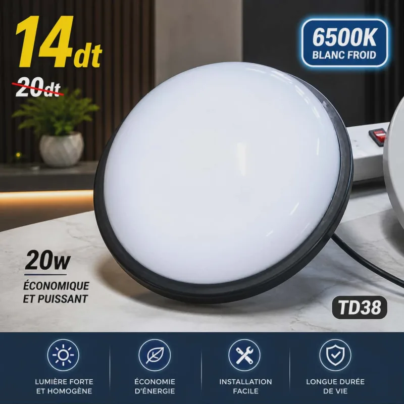Applique murale LED ronde 20W  Lumière blanche froide 6500K | Top Déco Tunisie