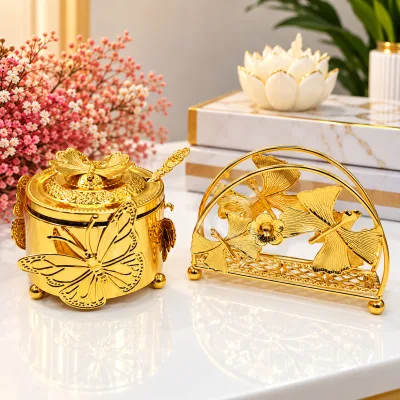 Ensemble Sucrier & Porte-Serviettes Doré – Motif Feuilles et Papillon | Top Déco Tunisie