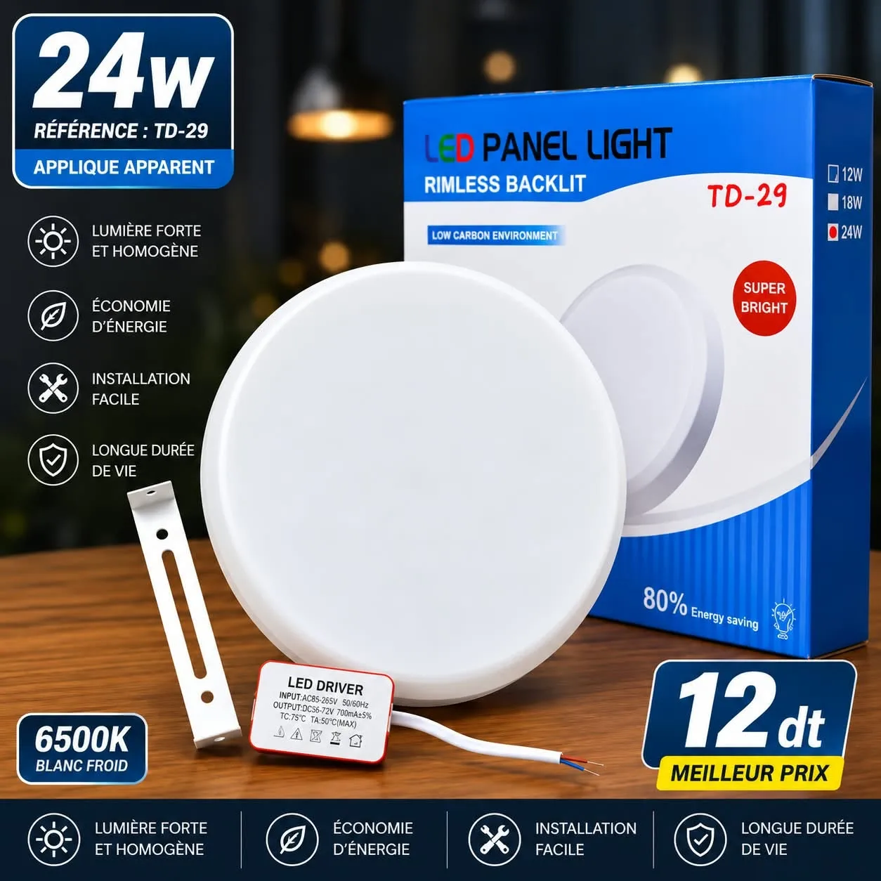 Applique LED Apparente 24W Blanc Froid 6500K