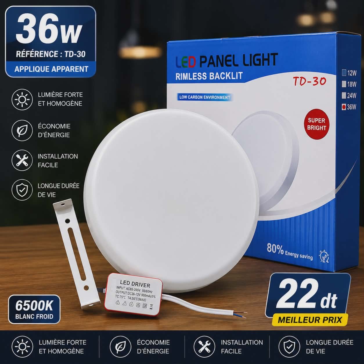 Applique LED Apparente 36W Blanc Froid 6500K | Top Déco Tunisie