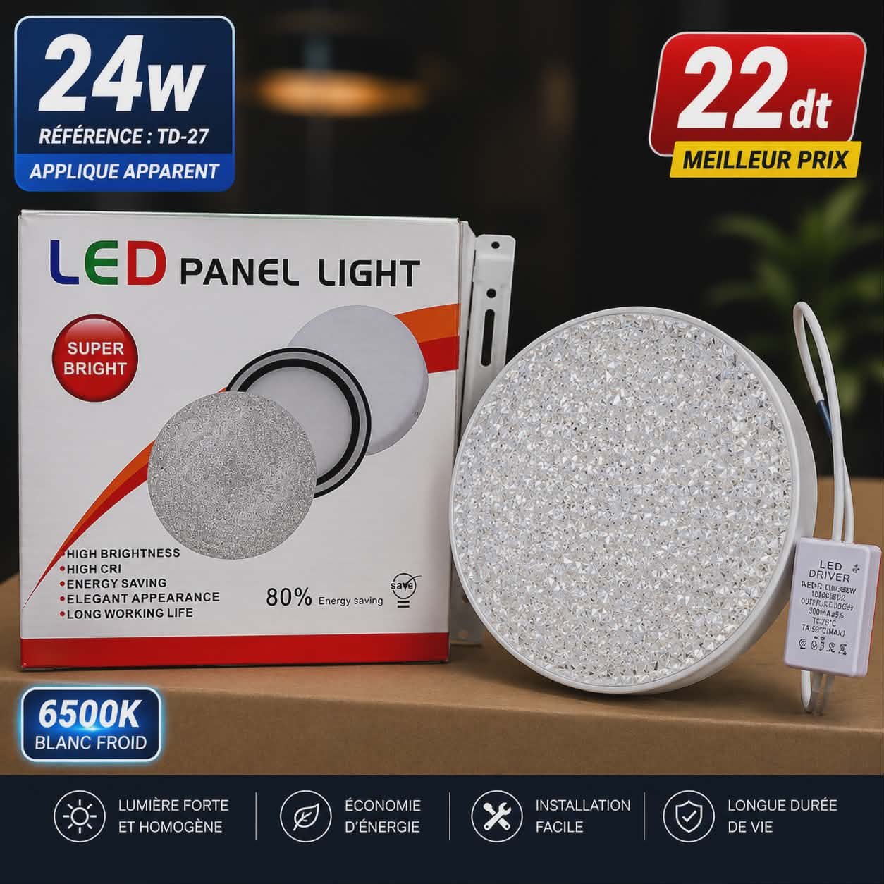 Applique LED Apparente 24W Blanc Froid 6500K | Top Déco Tunisie
