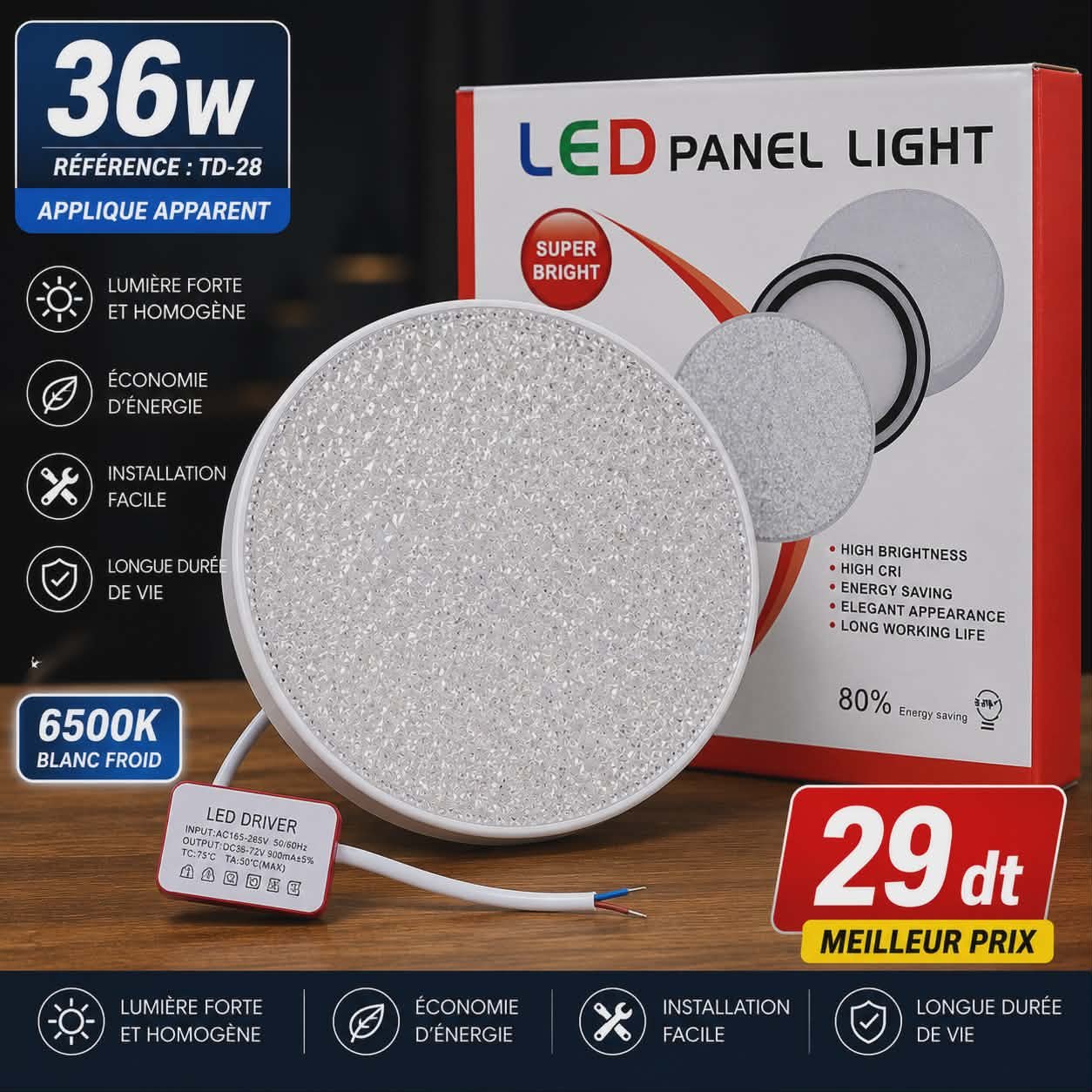Applique LED Apparente 36W Blanc Froid 6500K | Top Déco Tunisie