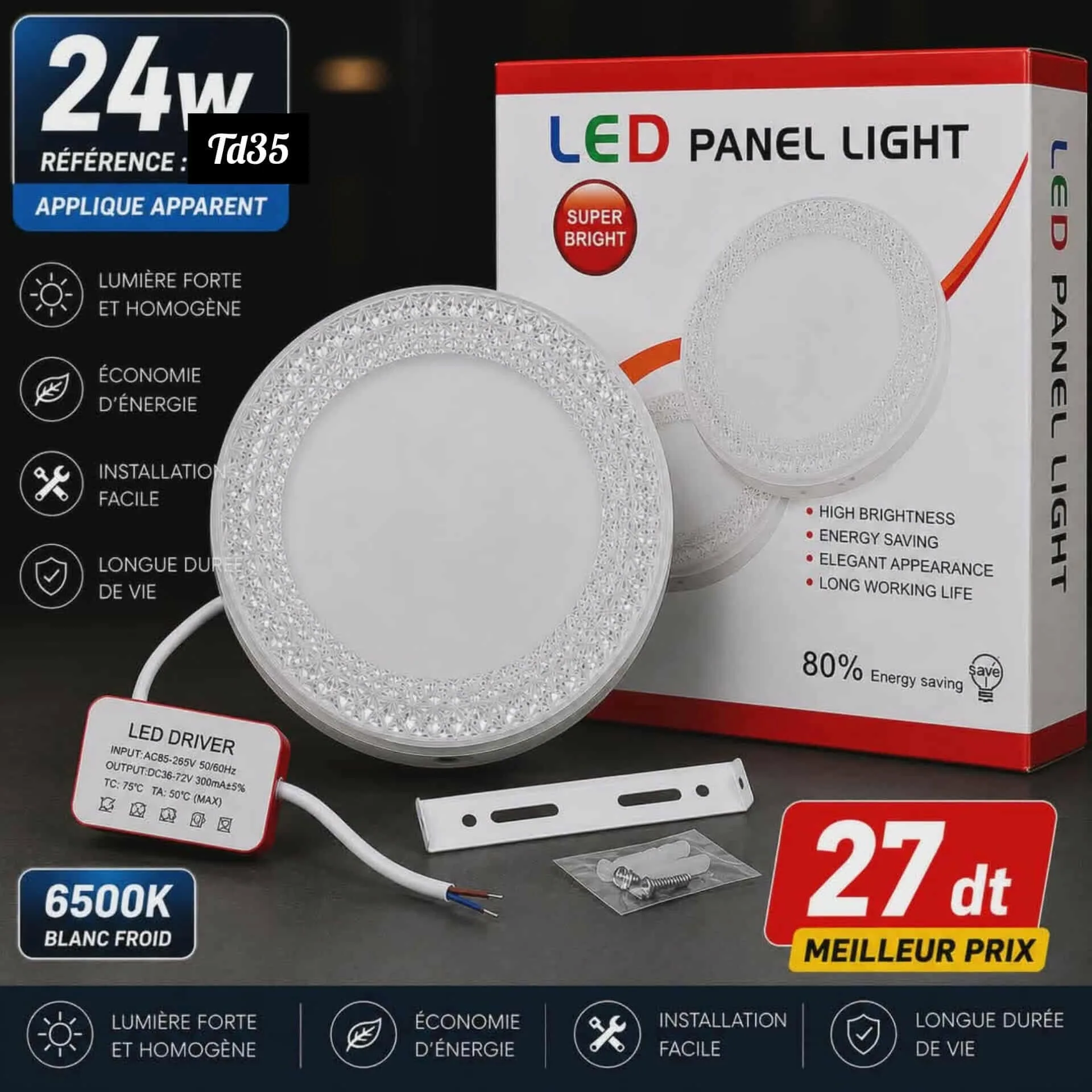 Applique LED Apparente 24W Blanc Froid 6500K | Top Déco Tunisie