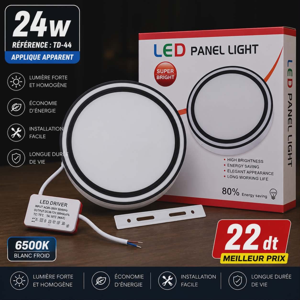 Applique LED Apparente 24W Blanc Froid 6500K | Top Déco Tunisie