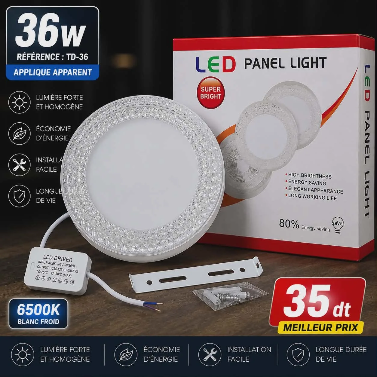 Applique LED Apparente36W Blanc Froid 6500K | Top Déco Tunisie