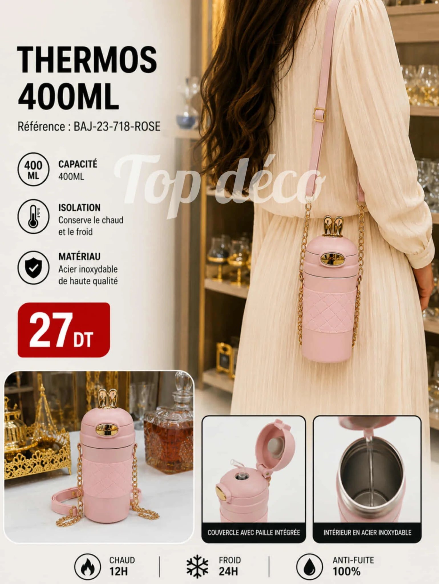 Thermos Sous Forme de Sac avec Bandoulière – 400 ml rose | Top Déco Tunisie