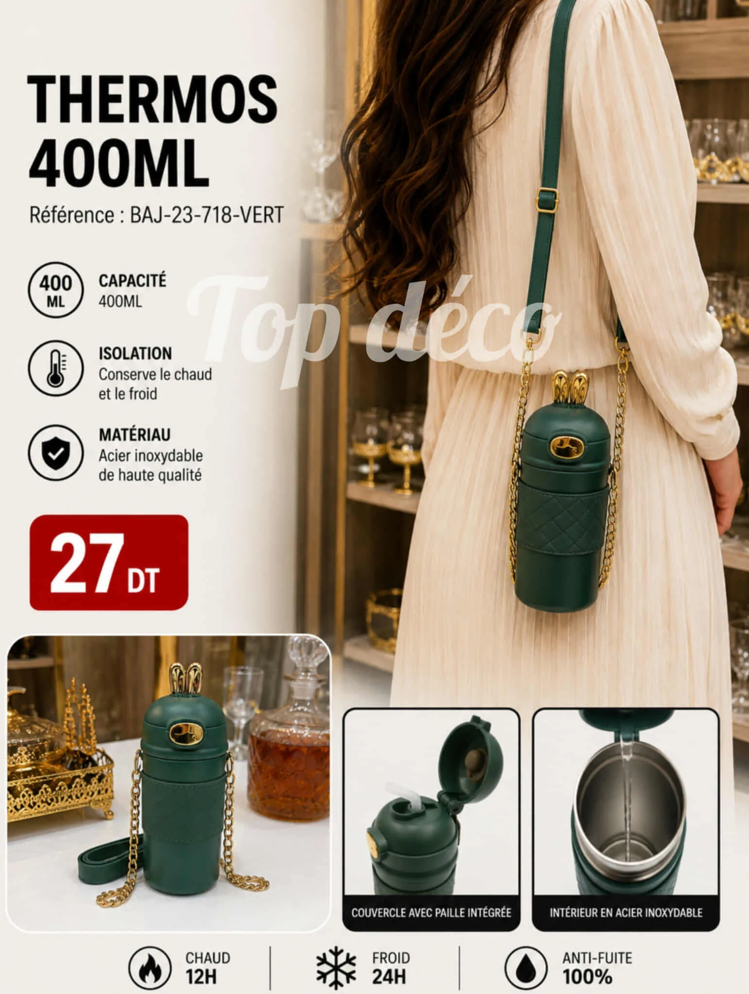 Thermos Sous Forme de Sac avec Bandoulière – 400 ml vert | Top Déco Tunisie