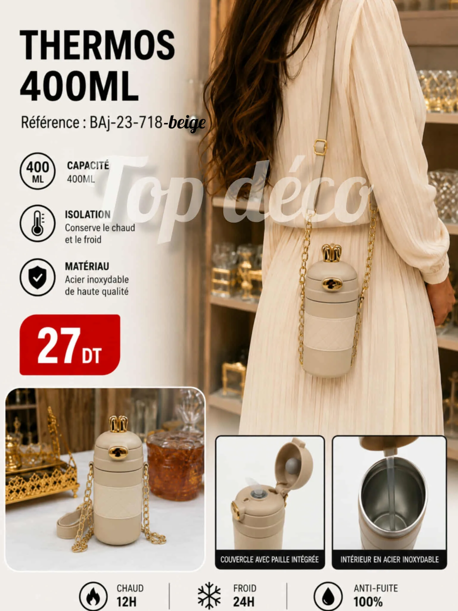 Thermos Sous Forme de Sac avec Bandoulière – 400 ml beige | Top Déco Tunisie
