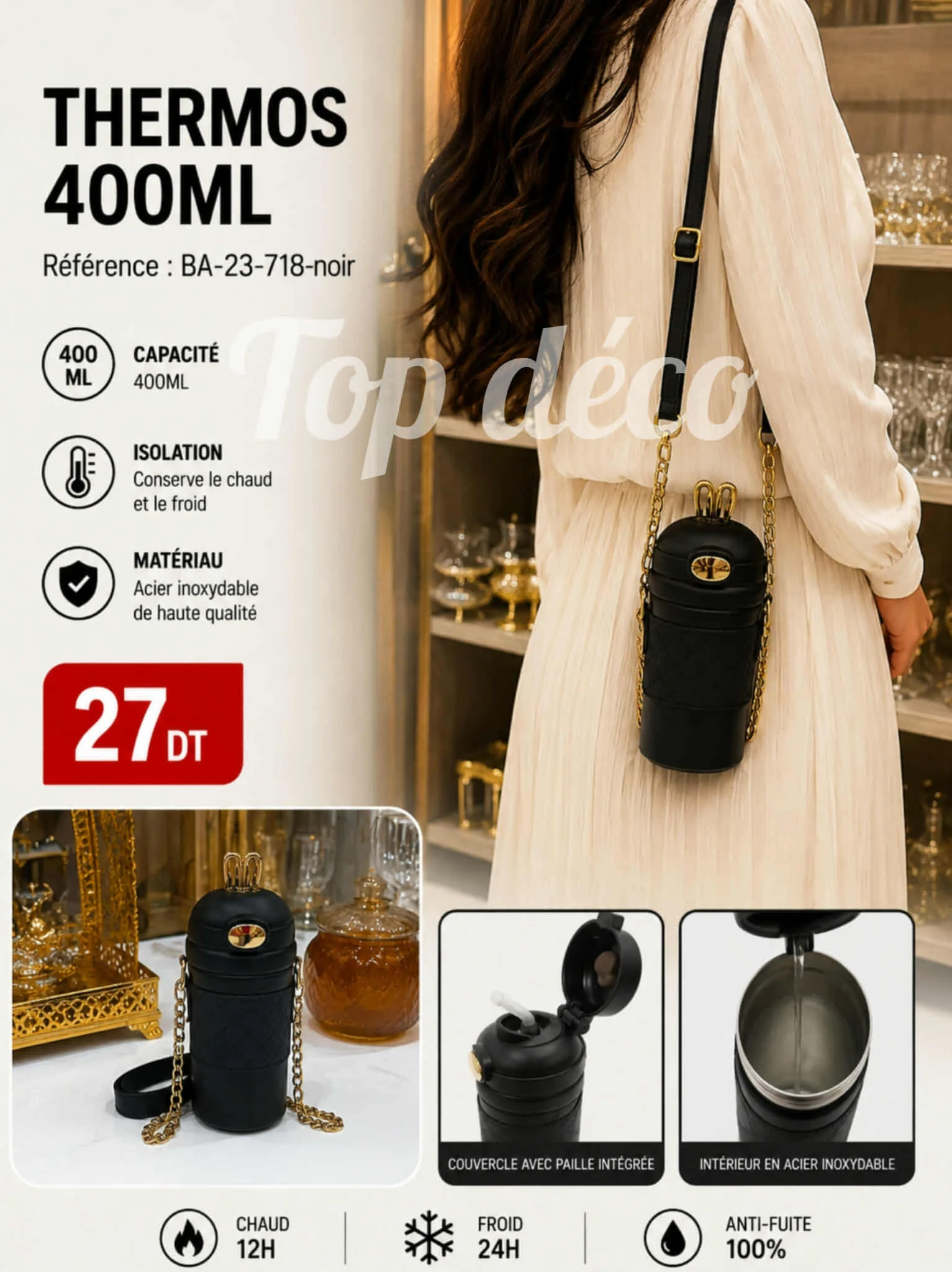 Thermos Sous Forme de Sac avec Bandoulière – 400 ml noir | Top Déco Tunisie