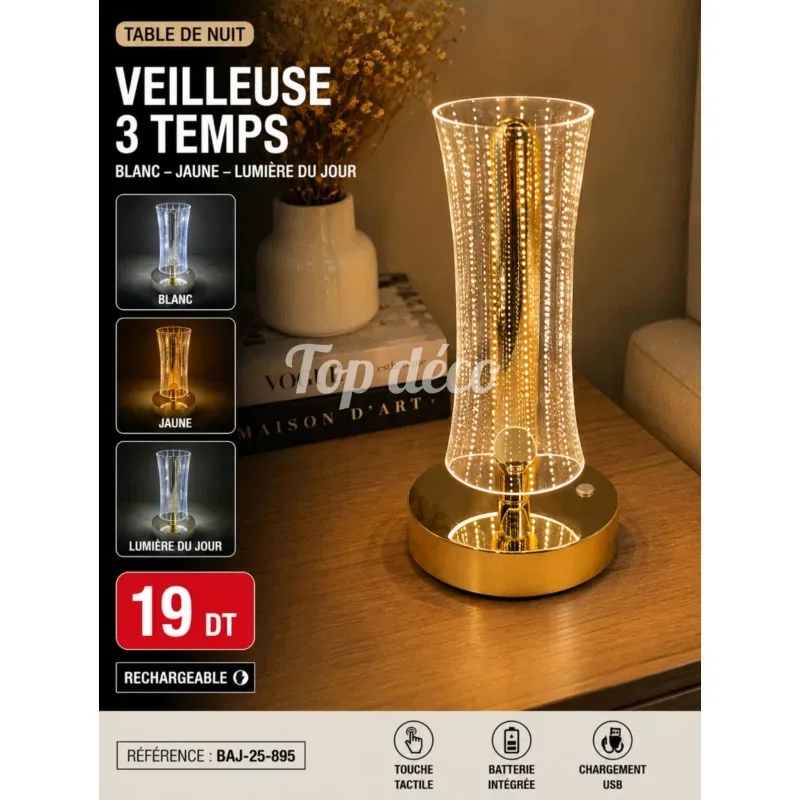 Veilleuse LED Rechargeable 3 Temps | Top Déco Tunisie