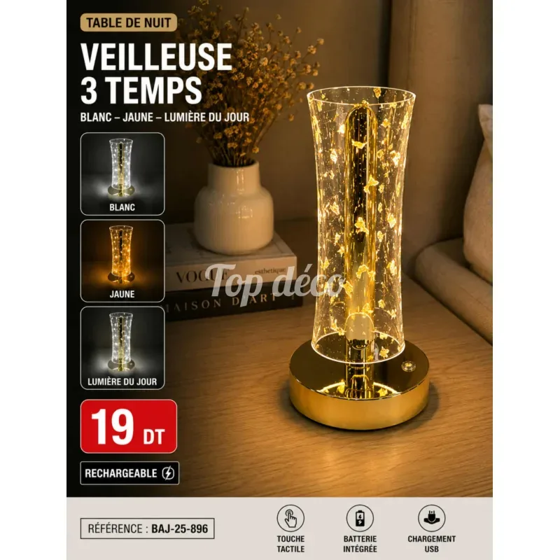 Veilleuse LED Rechargeable 3 Temps | Top Déco Tunisie