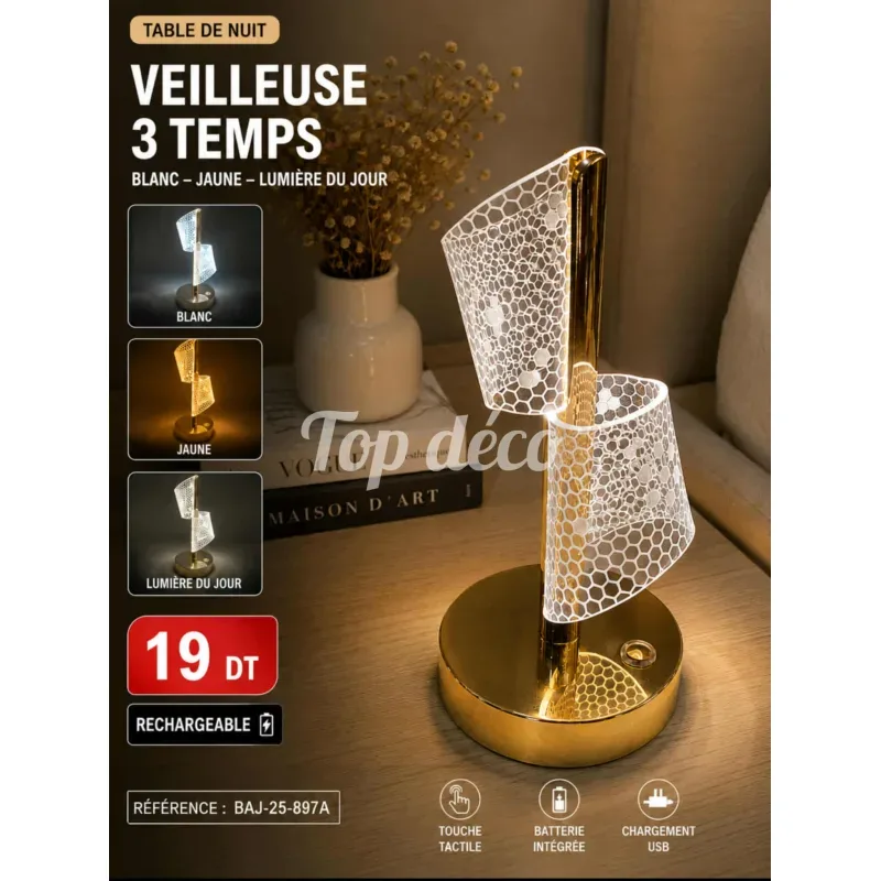 Veilleuse LED Rechargeable 3 Temps | Top Déco Tunisie