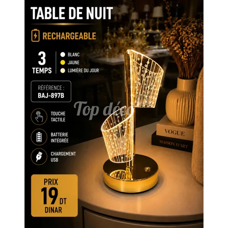 Veilleuse LED Rechargeable 3 Temps | Top Déco Tunisie