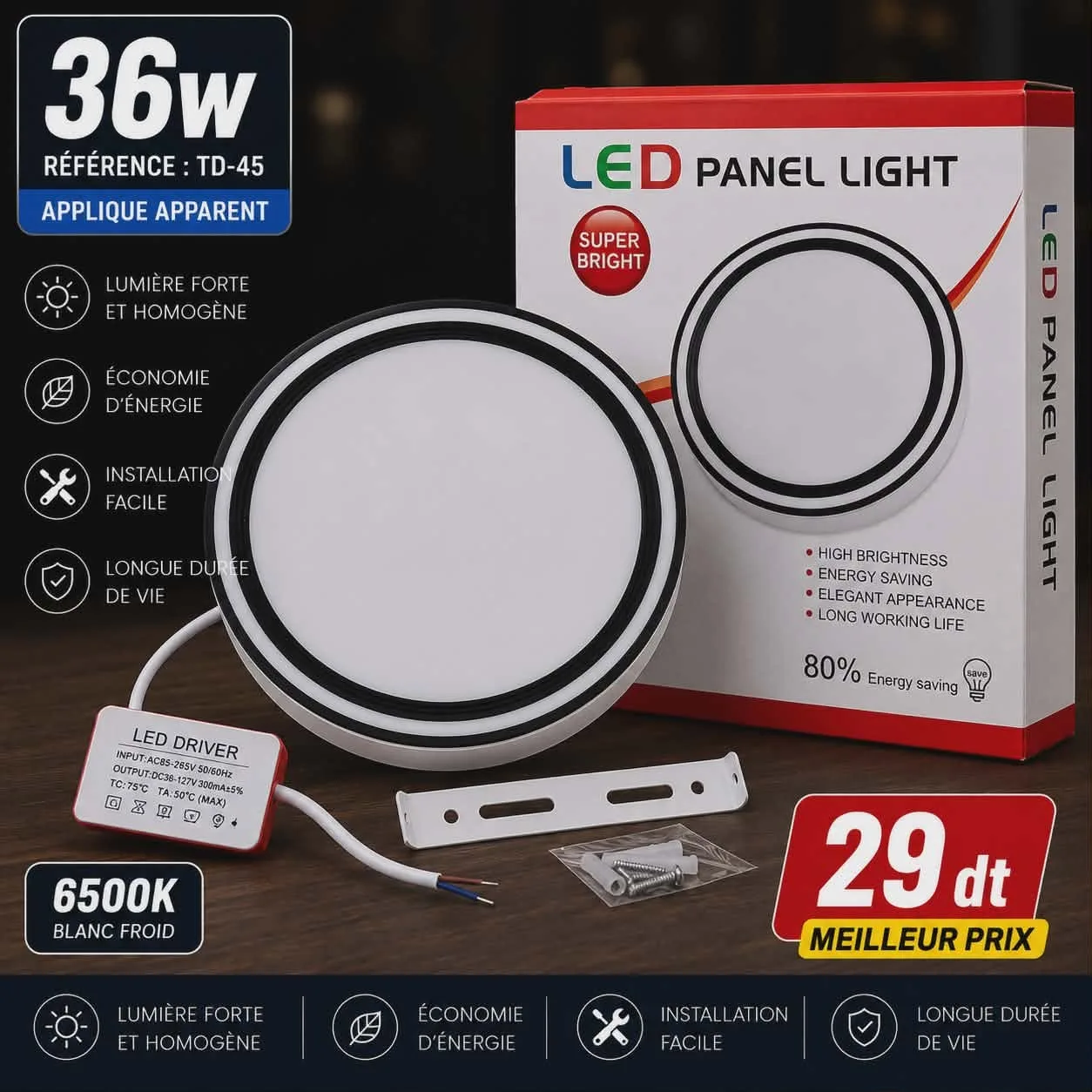 Applique LED Apparente 36W Blanc Froid 6500K | Top Déco Tunisie