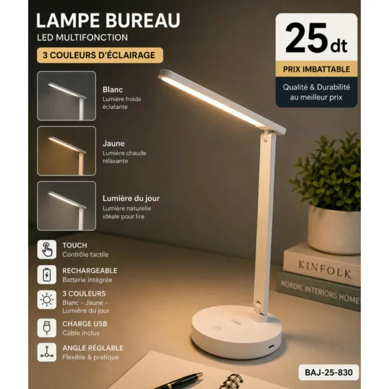 Lampe de Bureau LED Rechargeable 3 Couleurs Multifonction | Top Déco Tunisie