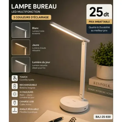 Lampe de Bureau LED Rechargeable 3 Couleurs Multifonction | Top Déco Tunisie