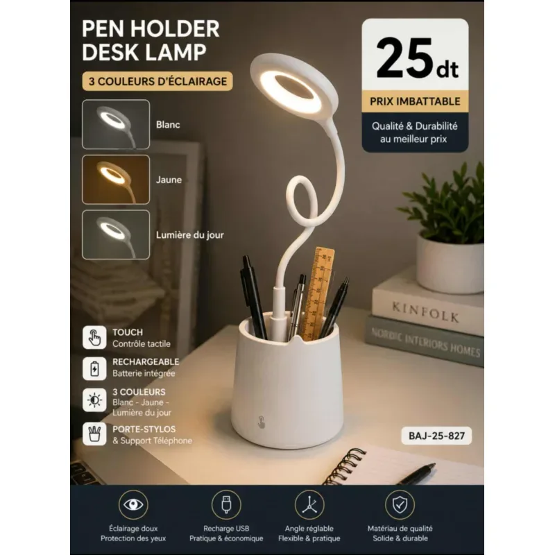 Lampe de Bureau LED Rechargeable 3 Couleurs Multifonction | Top Déco Tunisie
