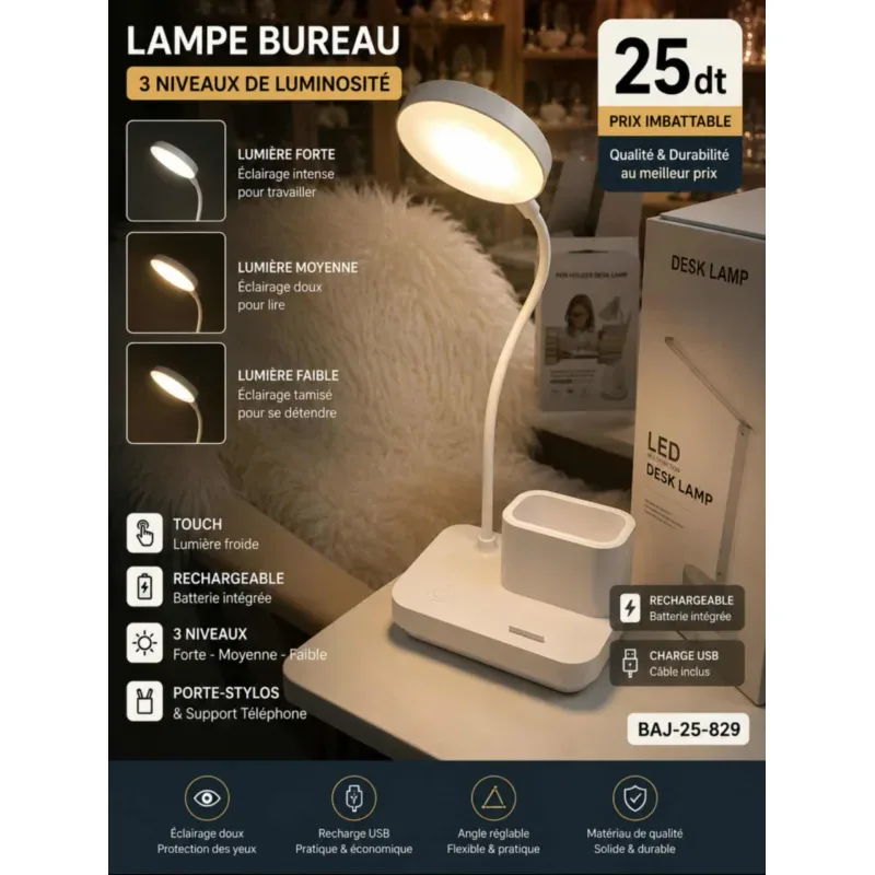 Lampe de Bureau LED Rechargeable 3 Couleurs Multifonction | Top Déco Tunisie