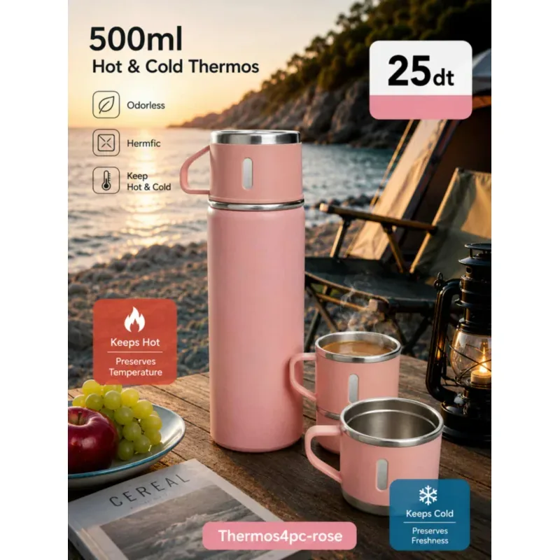 Thermos 500ml avec 3 tasses rose | Top Déco Tunisie