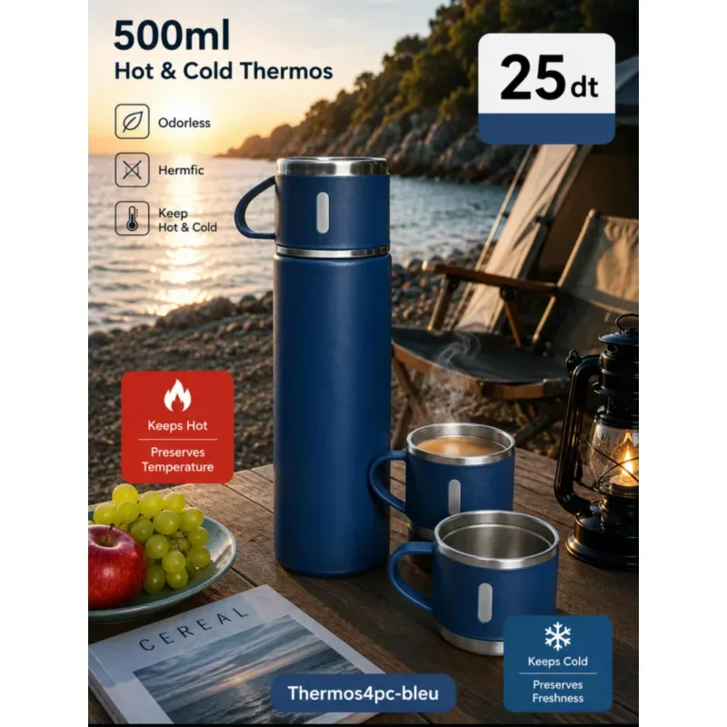 Thermos 500ml avec 3 tasses bleu | Top Déco Tunisie