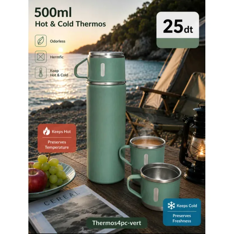 Thermos 500ml avec 3 tasses vert | Top Déco Tunisie