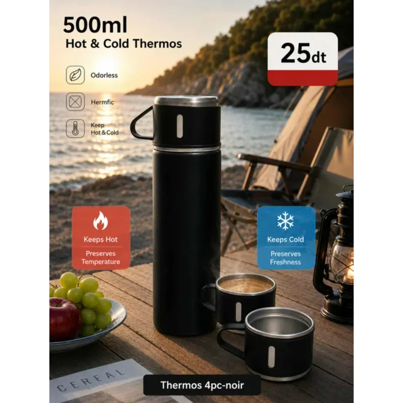 Thermos 500ml avec 3 tasses noir | Top Déco Tunisie