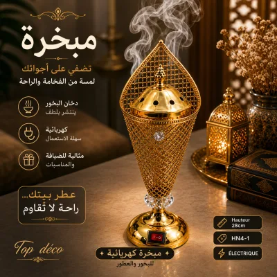 Encensoir  Électrique Dorée – Brûleur de Bakhour de Luxe | Top Déco Tunisie