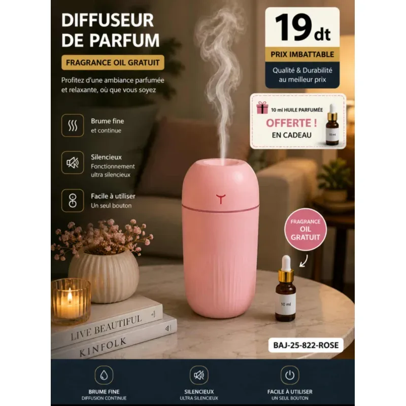 Diffuseur de Parfum Rose + Fragrance Oil 10 ml Cadeau | Top Déco Tunisie