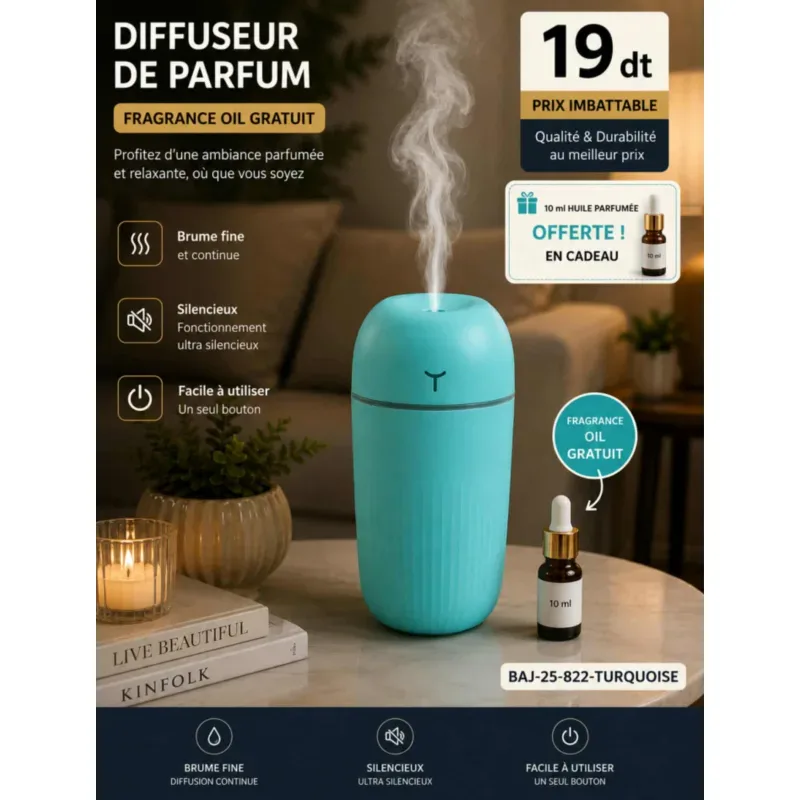 Diffuseur de Parfum Turquoise + Fragrance Oil 10 ml Cadeau | Top Déco Tunisie