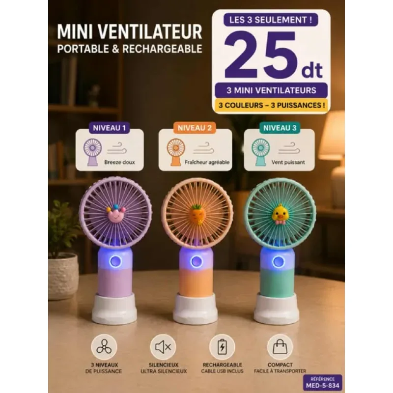 3 pièces Mini ventilateur rechargeable USB | Top Déco Tunisie