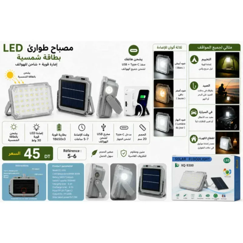 Projecteur LED Rechargeable 30W – 20 cm | 3 Modes d’Éclairage + Câble USB | Top Déco Tunisie
