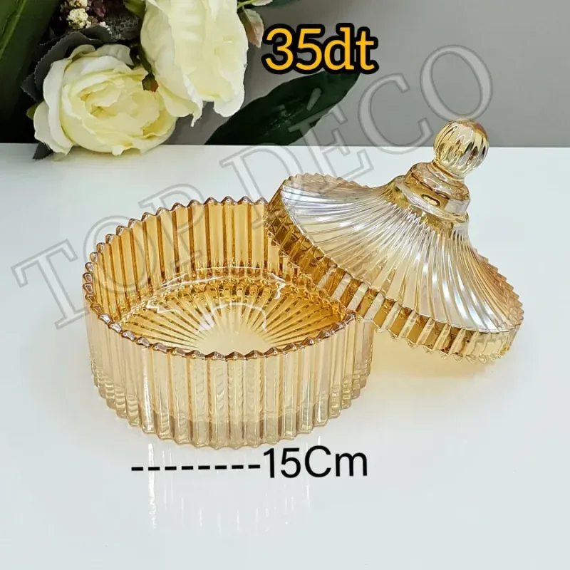 Bonbonnière Élégance en Verre Cannelé Ambré avec Couvercle 15 cm | Top Déco Tunisie