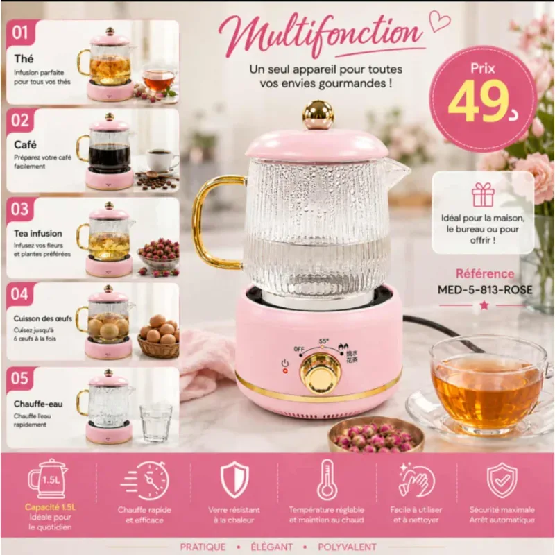 Bouilloire Électrique Multifonction Rose 650ml | Top Déco Tunisie