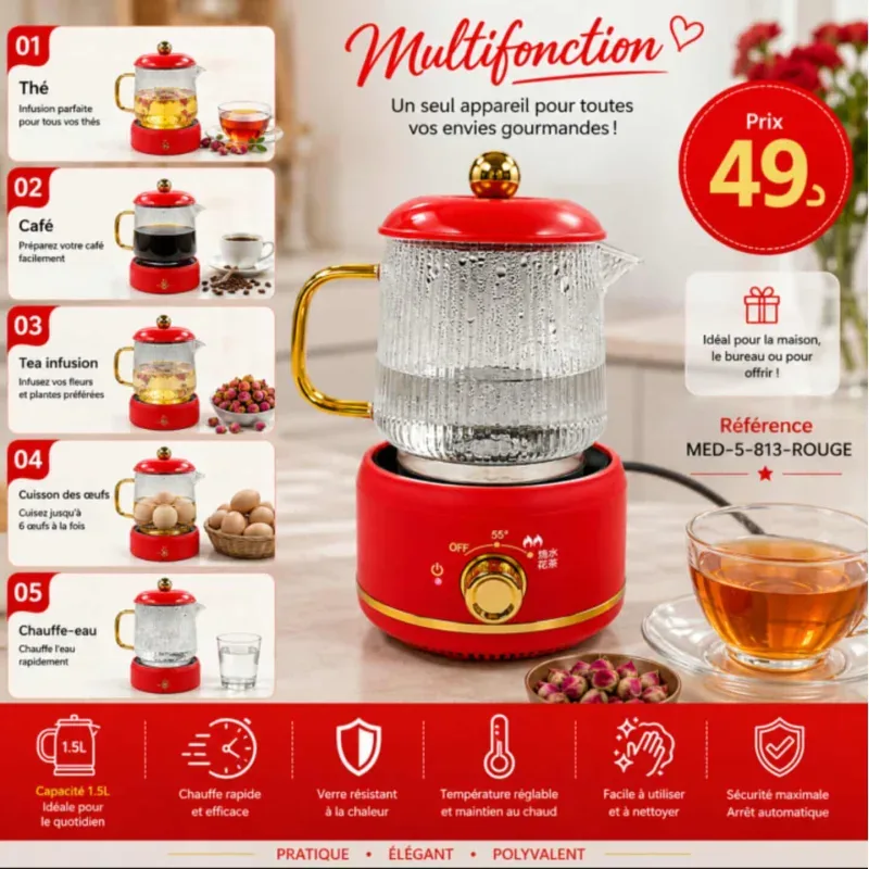 Bouilloire Électrique Multifonction Rouge 650ml | Top Déco Tunisie