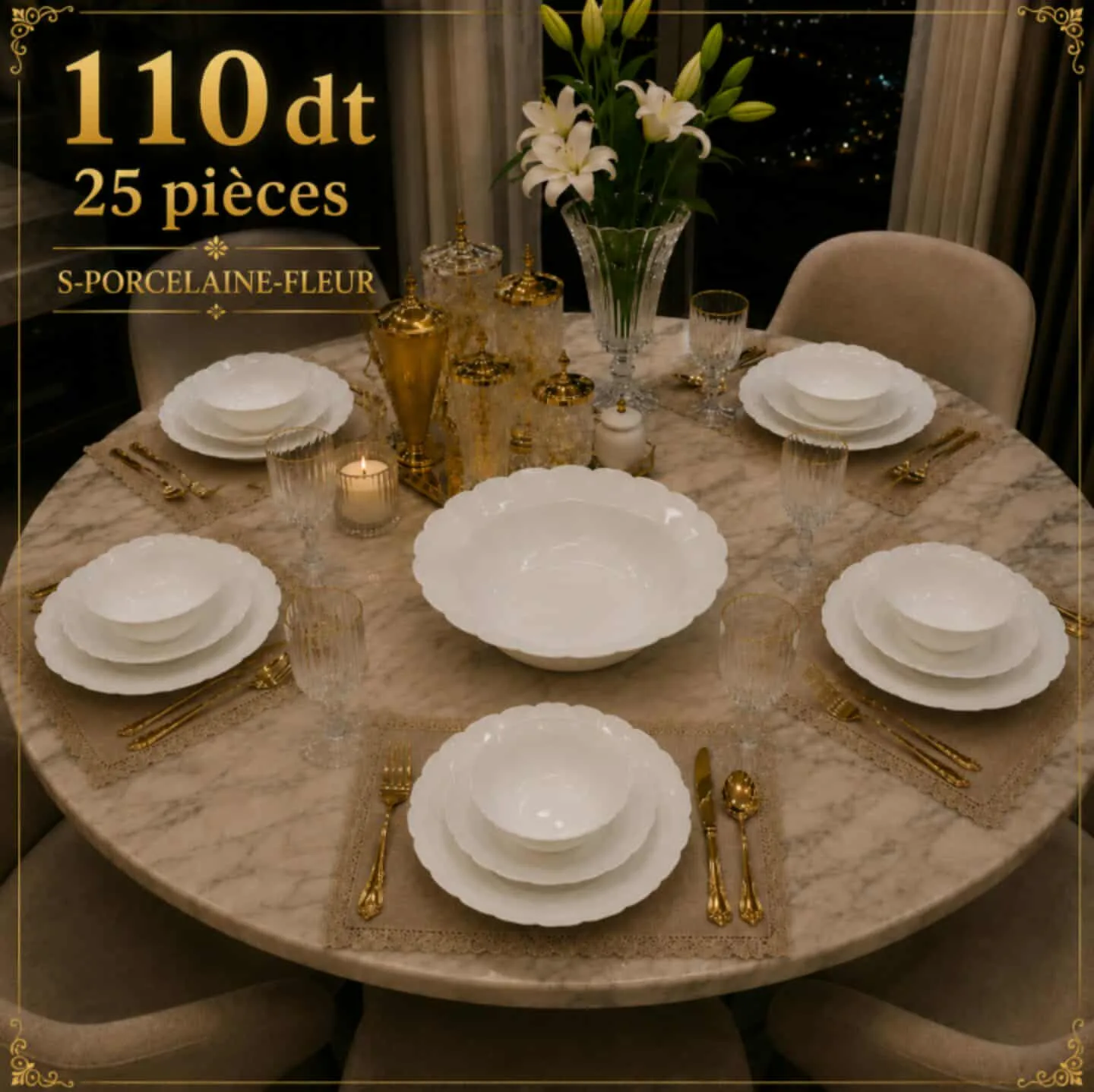 Service de Table Élégance Blanche – 25 Pièces en Porcelaine Fleurie | Top Déco Tunisie