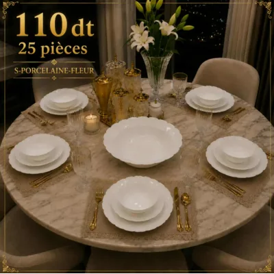 Service de Table Élégance Blanche – 25 Pièces en Porcelaine Fleurie | Top Déco Tunisie