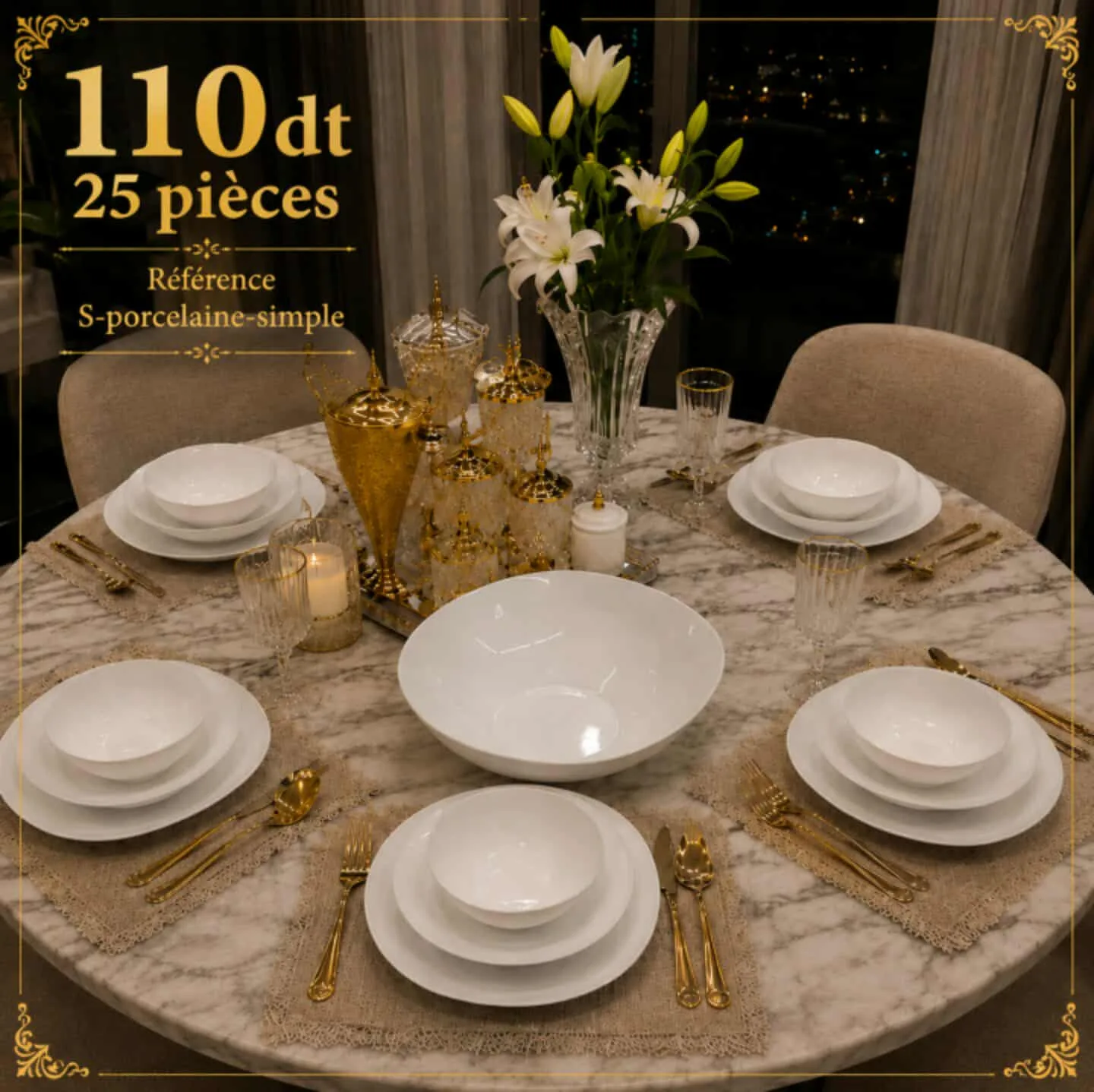 Service de Table Élégance Blanche – 25 Pièces en Porcelaine simple | Top Déco Tunisie