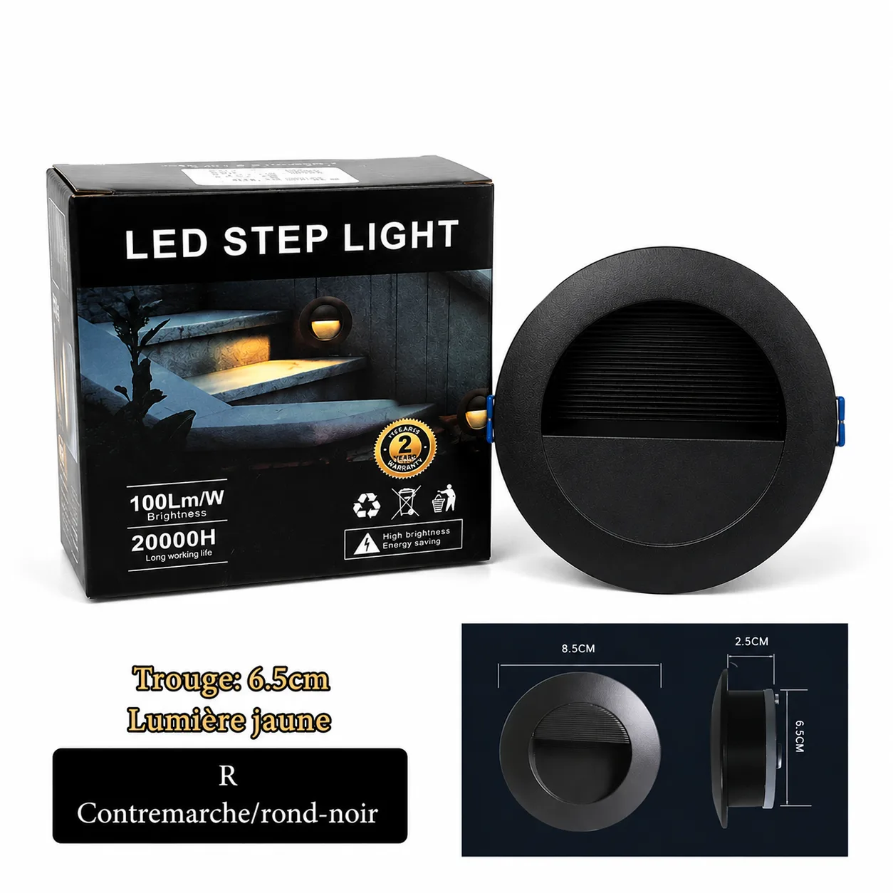 contre marche rond-noir 3W étanche en aluminium