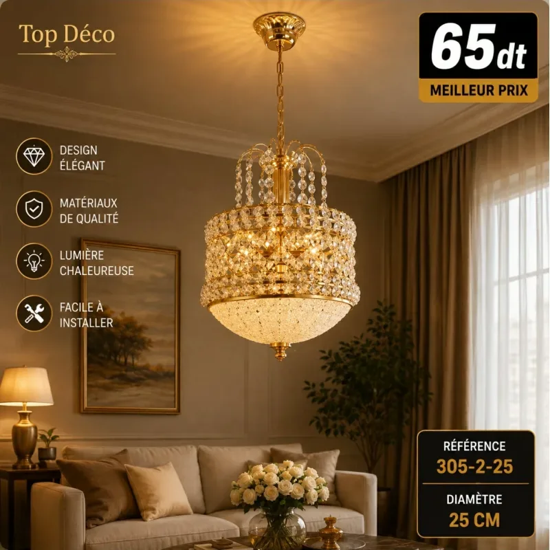 Lustre Cristal Impérial Doré 25 cm | Top Déco Tunisie