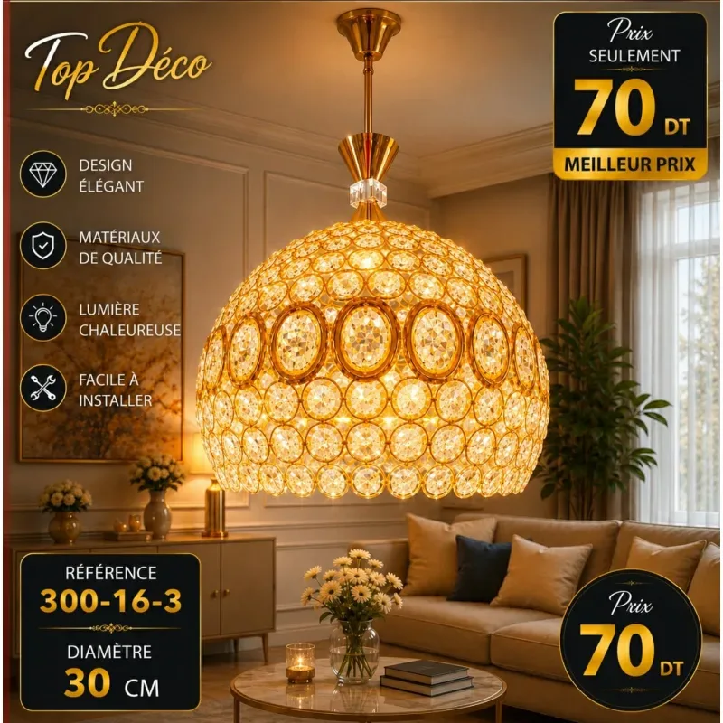 Suspension Cristal Majestique Dorée 30 cm | Top Déco Tunisie