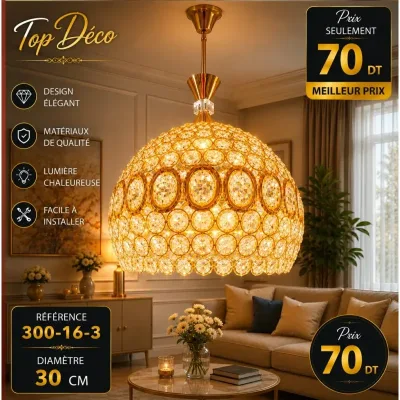 Suspension Cristal Majestique Dorée 30 cm | Top Déco Tunisie