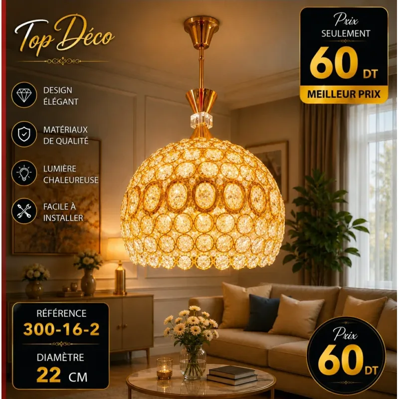 Suspension Cristal Majestique Dorée 22 cm | Top Déco Tunisie