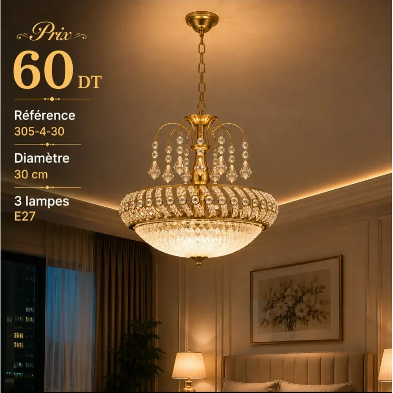 Lustre Cristal Rond Doré 30 cm | Top Déco Tunisie
