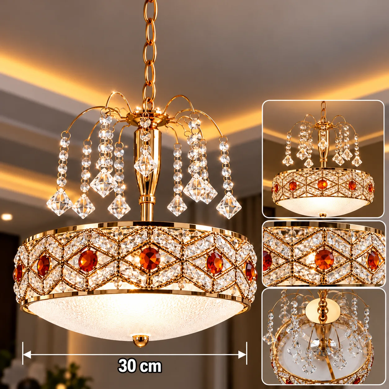 Lustre Cristal Rond Doré 30 cm