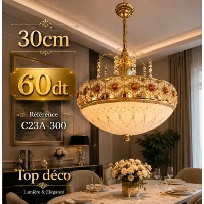 Lustre Cristal Rond Doré 30 cm | Top Déco Tunisie